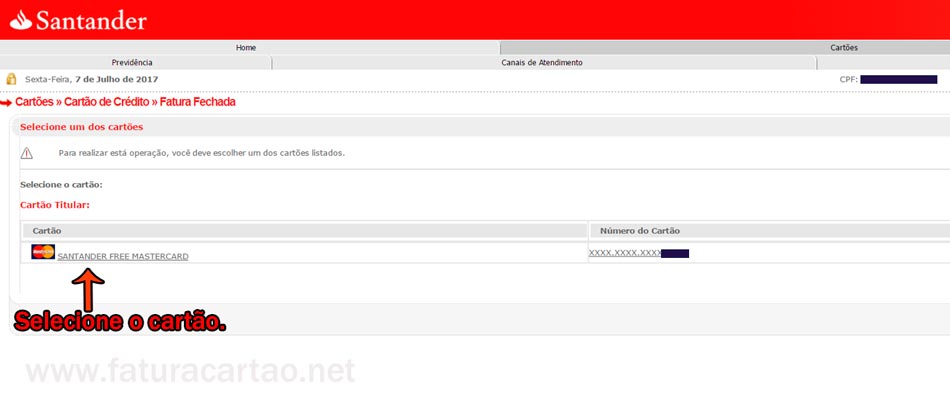 Internet Banking Santander selecionar cartão